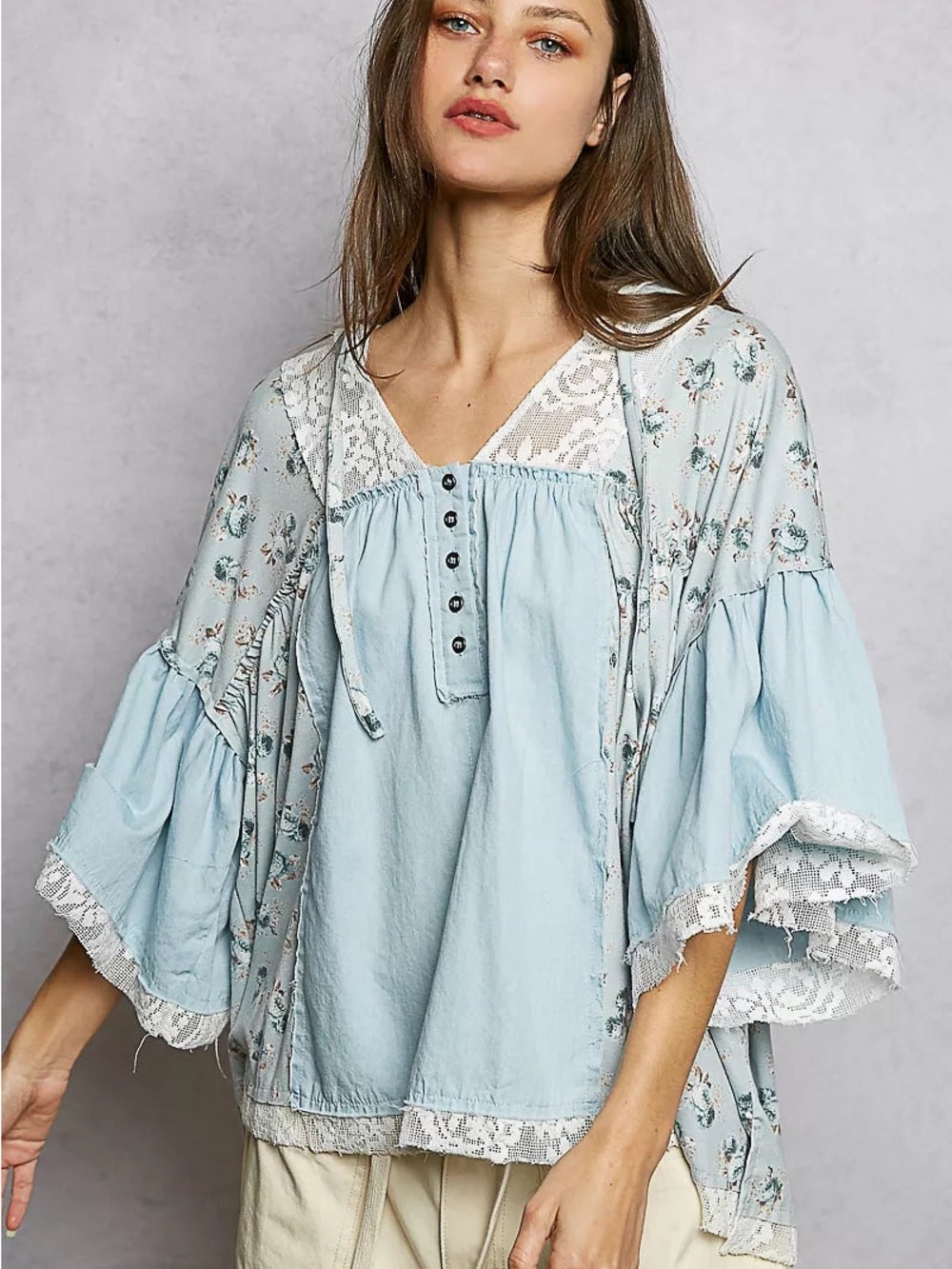 POL NWOT Light Blue Floral Lace Prairie Blouse